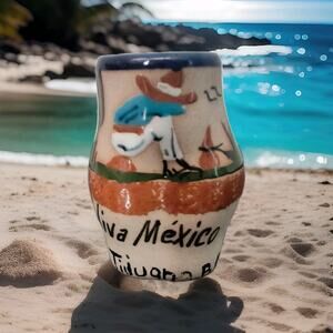 Hand Painted Pottery Mexico Vase Shot Glass Thong Man In Sombrero Cactus Tijuana